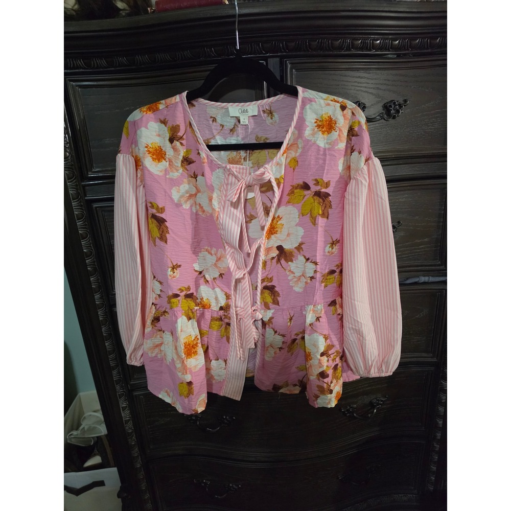Oddi Los Angeles Pink Floral Striped Tie Front Peplum Blouse Small NWT